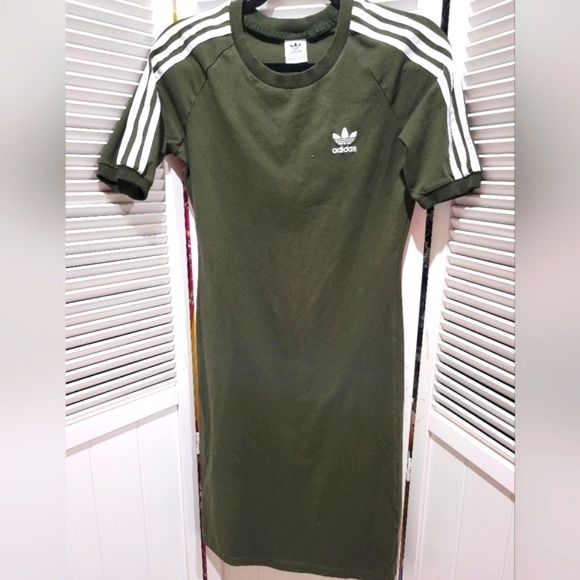 ADIDAS 3 STRIPE OLIVE GREEN LOGO BODYCON DRESS SZSML - Picture 1 of 10